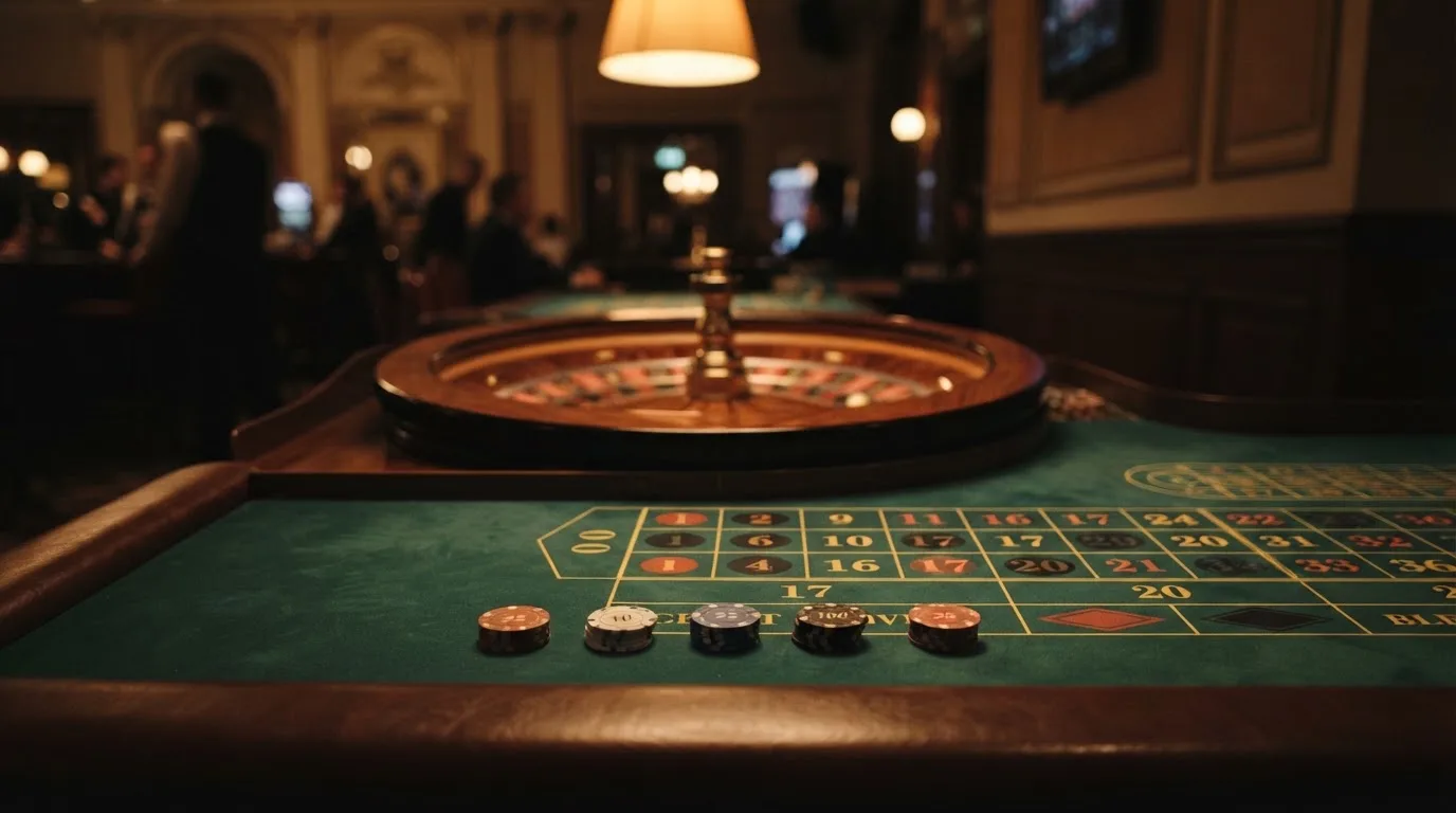 Rulettipyörä ja pelimerkit vihreällä huovalla lämpimässä iltavalossa — kolikkopelit casino pelit