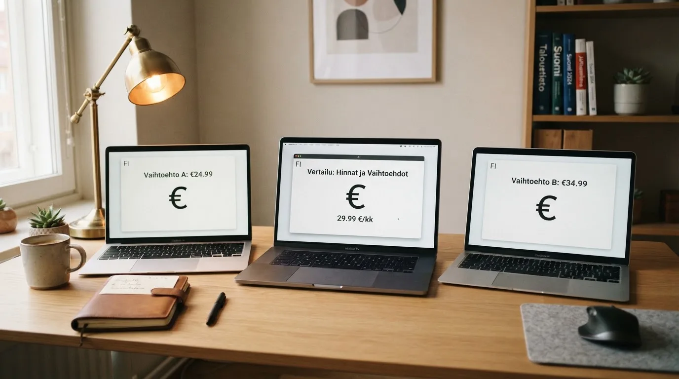 Kolme kannettavaa tietokonetta on aseteltu rinnakkain pöydälle vertailua varten toimistovalaistuksessa.