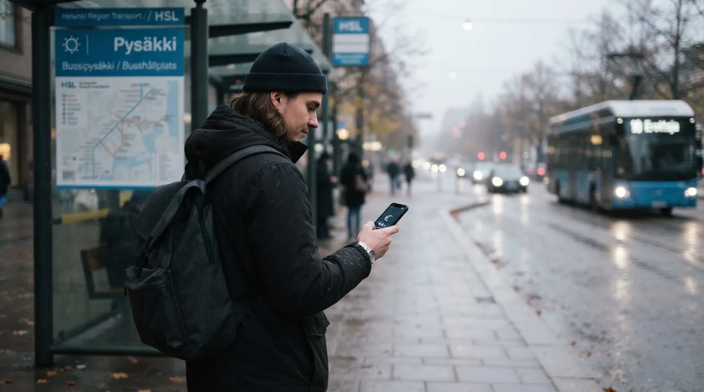 Nuori mies selaa älypuhelinta bussipysäkillä odottaessaan iltapäivällä, taustalla sumuinen katunäkymä.